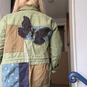 Free People Green Patchwork Jacket with Butterfly
